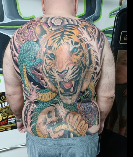 Tattoos - neo traditional Japanese tiger snake back piece  - 144017